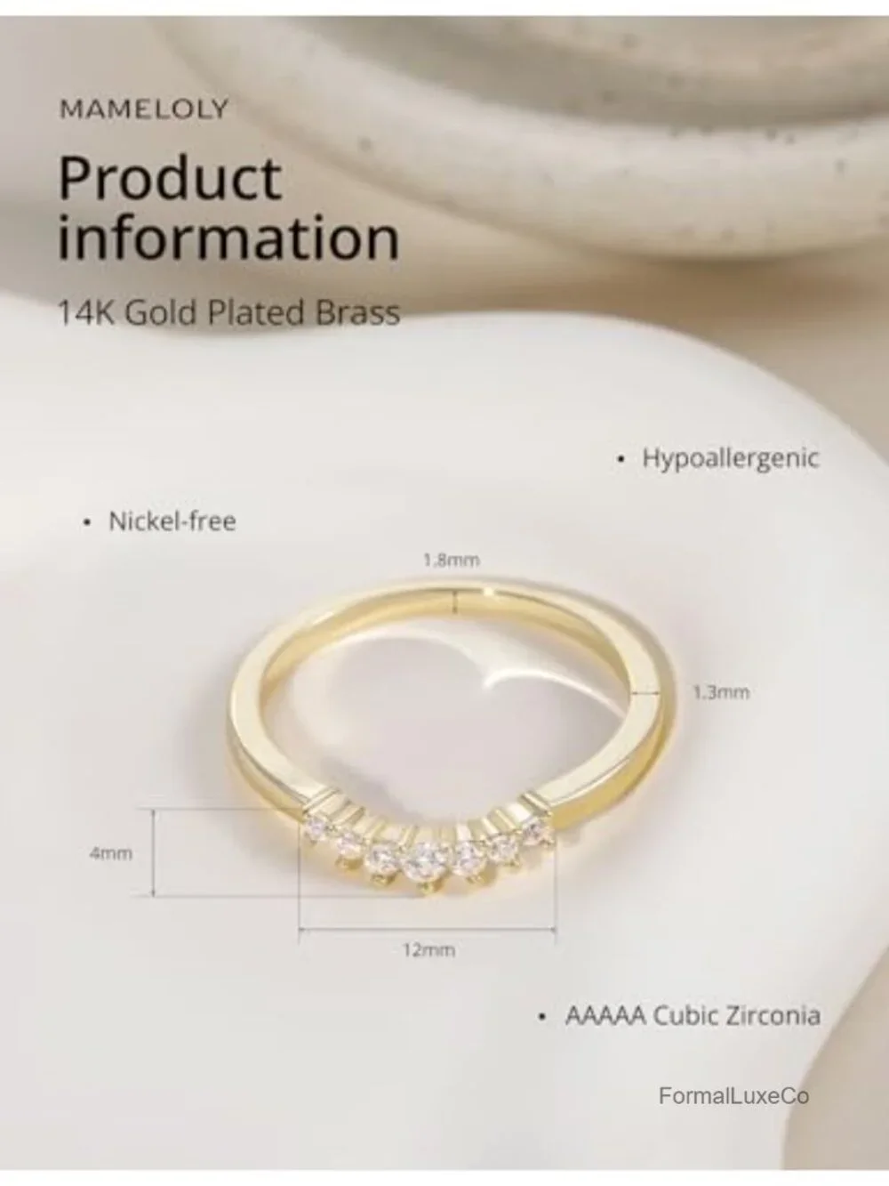 14K Gold Plated Curved CZ Wedding Band Ring Stackable Dainty Simulated Diamond